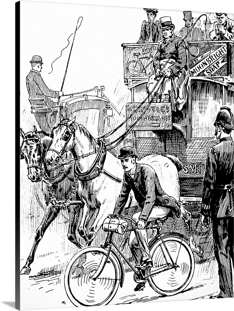 Illustration depicting a cyclist in busy London traffic. The man is riding a machine of the Rover safety type. Illustrated...