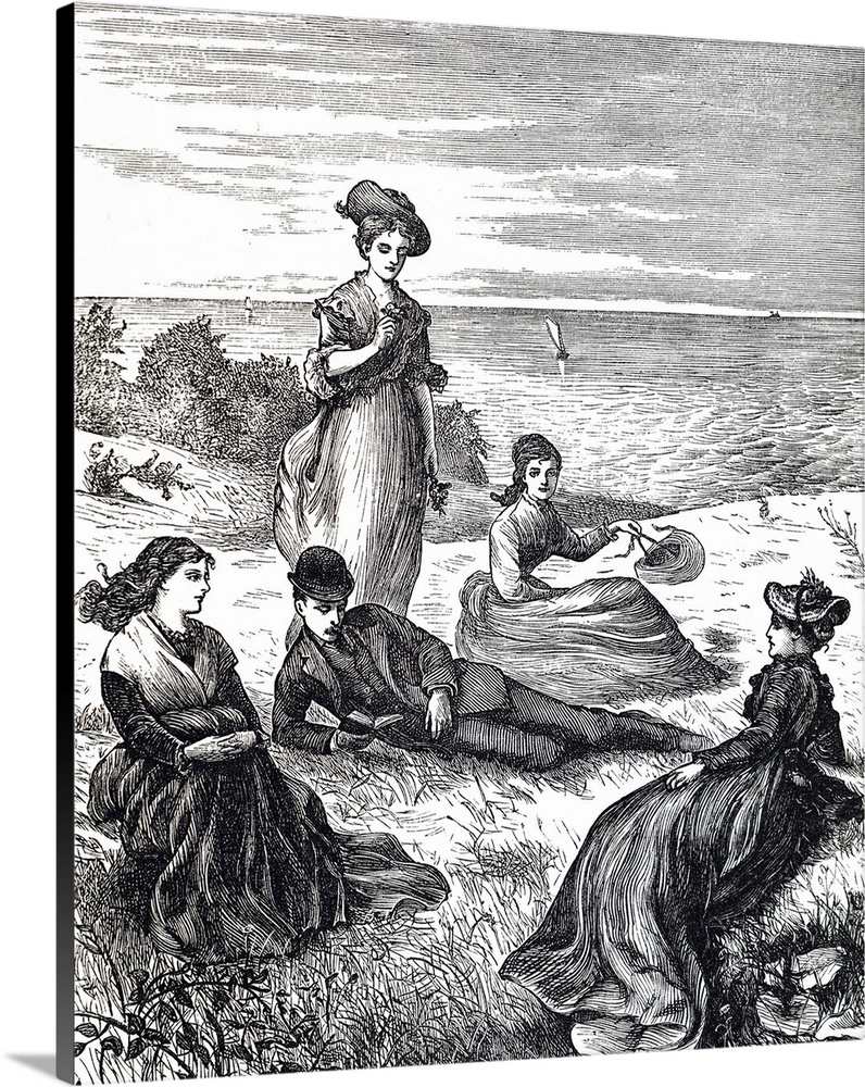 Illustration depicting a family relaxing on a grassy bank looking out onto the sea. Dated 19th century.