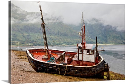 A Fishing Boat Abandoned On The Shore; Ardgour Isle Of Mull Scotland