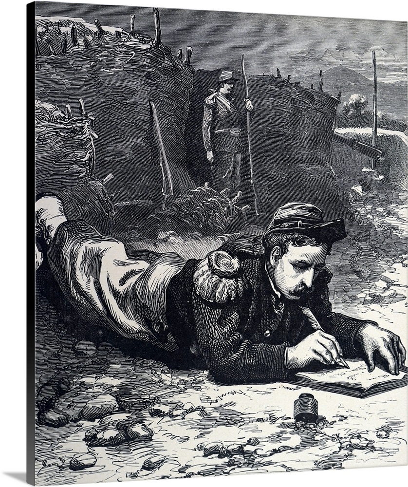 Engraving depicting a French soldier writing home to his family during the Siege of Paris. Dated 20th century.