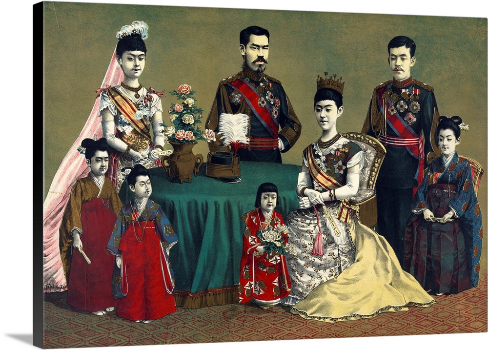 Originally a Woodcut illustration, a group portrait of Meiji, Emperor of Japan and the imperial family.