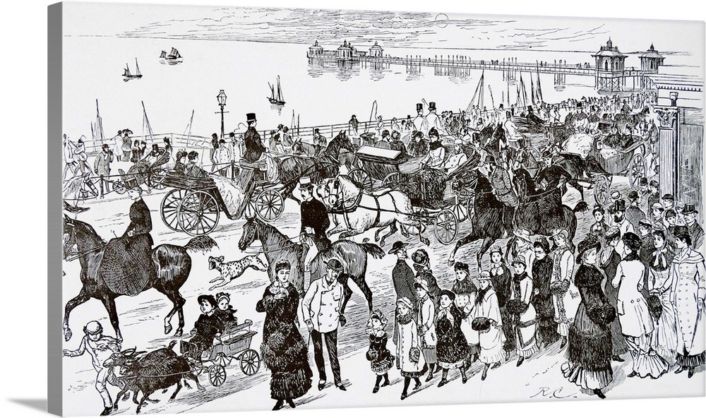 Illustration depicting a busy scene next to the sea during the summer holidays. A large crowd is shown traveling down King...
