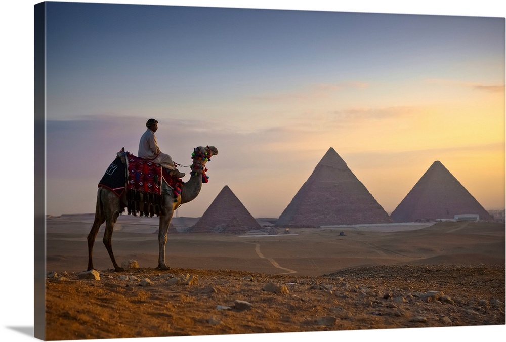 A lone camel and rider stand in front of the setting sun with the great pyramids behind them; Giza, Egypt