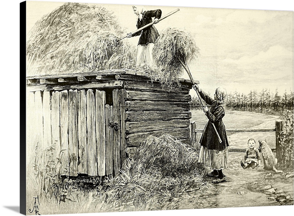 Illustration depicting a peasant family storing winter fodder in the roof of a shed in Siberia, Russia. Dated 19th Century.