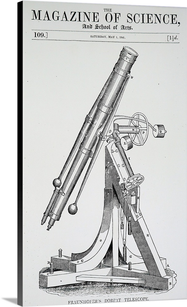 Engraving depicting a refracting telescope built by Joseph von Fraunhofer, a German physicist. Dated 19th Century.