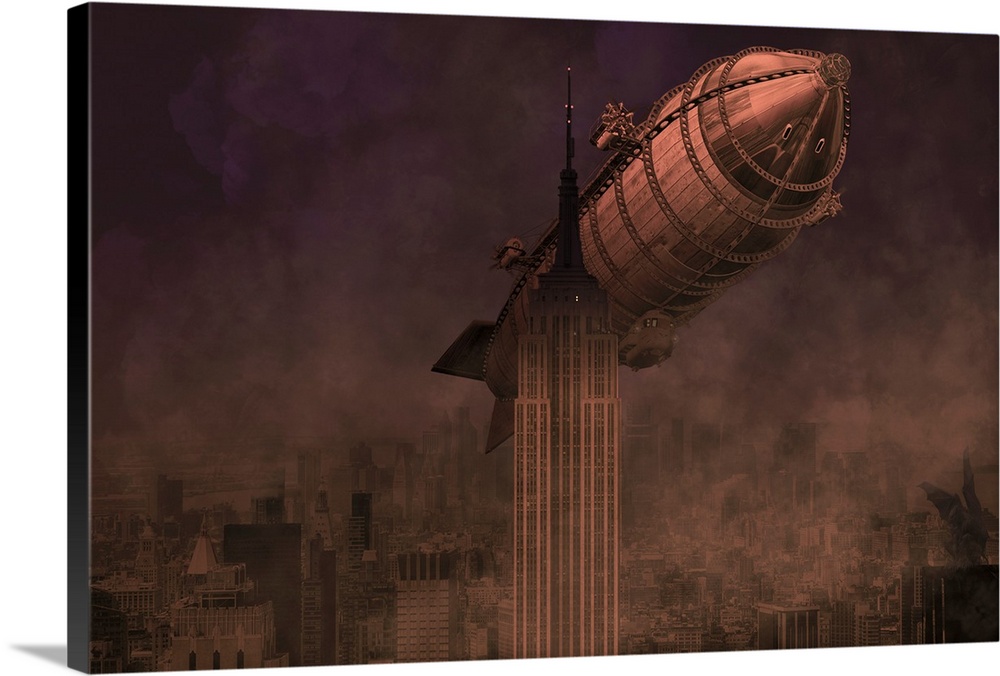 A rigid airship flies by the Empire State Building, ready to collide, composite image.