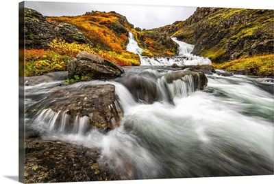 A stream flows past on the West Fjords on its way to the ocean; Iceland