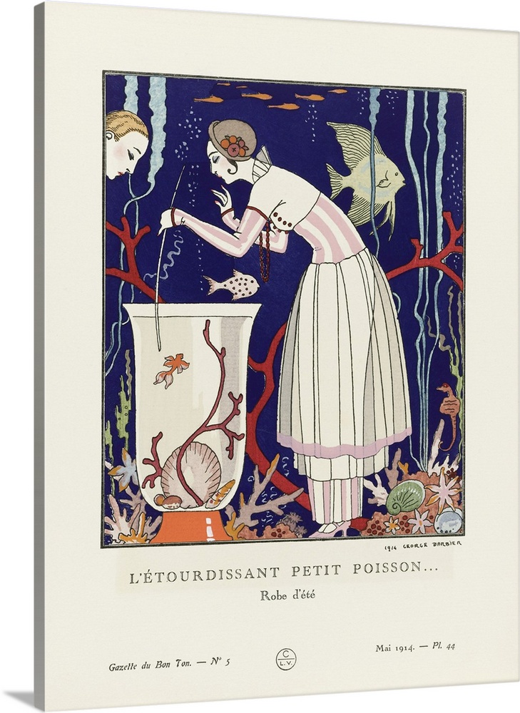 L'etourdissant Petit Poisson.  A Stunning Little Fish.  Robe d'ete.  Summer dress.  Art-deco fashion illustration by Frenc...