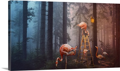A Surreal Composite Image Of Flamingoes In A Forest With A Ladder And Lamp Post