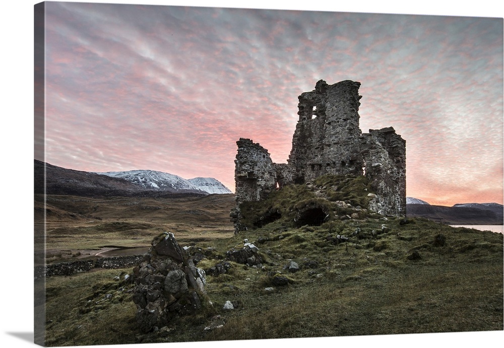 A view toward Ardvreck castle at sunset.