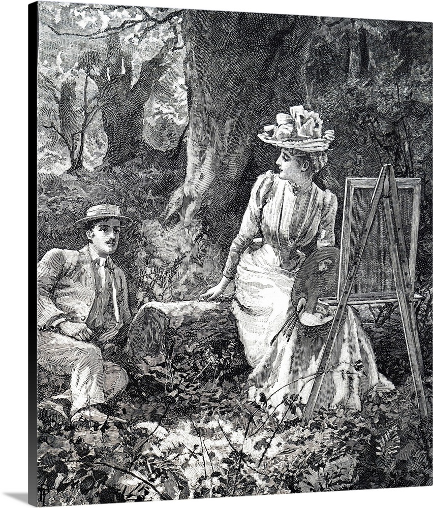 Illustration depicting a young artist presenting her work to her lover as the relax in the woods. Dated 19th century.