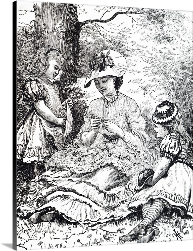 Illustration depicting a young mother teaching her two young daughters to make daisy chains. Dated 19th century.