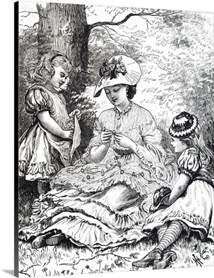 A Young Mother Teaching Her Two Young Daughters To Make Daisy Chains, 19th C.