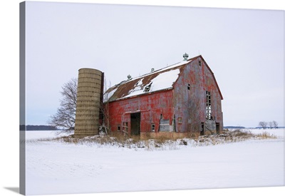 Abandoned Red Barn In The Countryside In Winter, Ontario