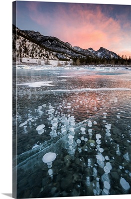 Abraham Lake In Winter With Frozen Methane Bubbles In The Canadian Rockies