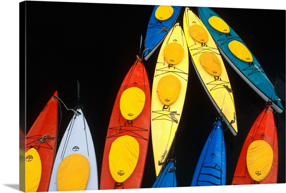 Abstract Overview Of Colorful Kayaks Tied Up Together On Water Inside Passage Southeast Alaska