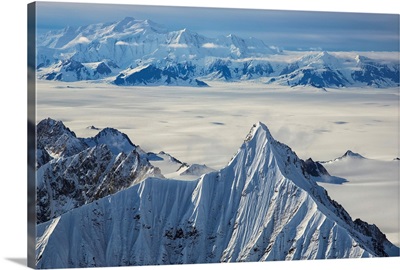 Aerial view of the mountains and icefields in Kluane National Park, Yukon, Canada