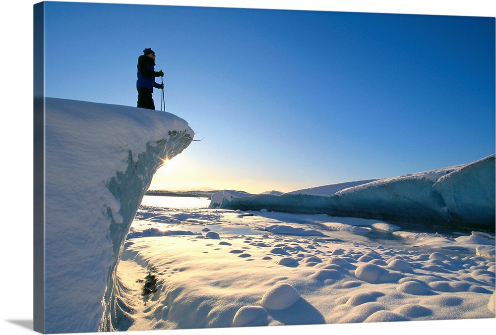 Alaska, Juneau, Mendenhall Glacier, Nordic Skier On Cliff Overlooking Scenery