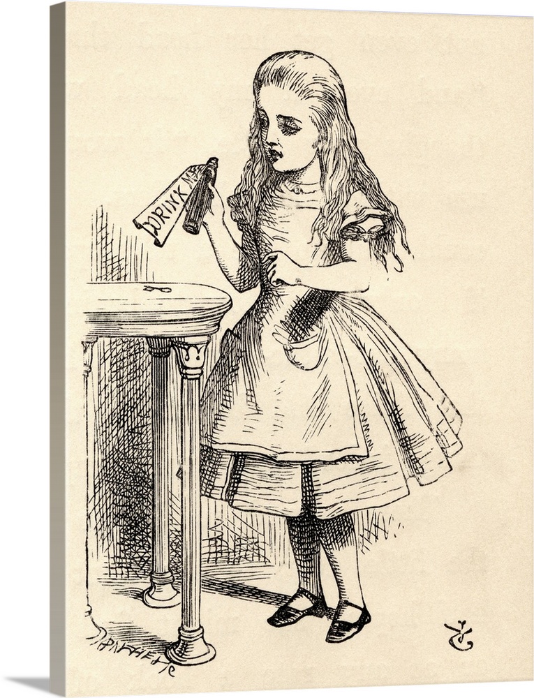 Alice Peering At The Drink Me Bottle. Illustration By John Tenniel From The Book "Alice's Adventures In Wonderland," By Le...