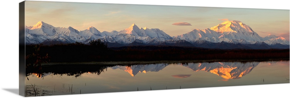 Alpenglow On Mt. Mckinley, Also Known As Denali, Reflected In Tundra Pond At Sunrise, Fall, Denali National Park, Interior...