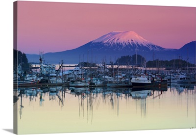Alpenglow Sunrise On Mt. Edgecumbe And The Small Boat Harbor In Sitka, Alaska