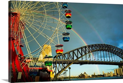 Amusement Park ride in front of Sydney Harbor Bridge; Sydney, Australia