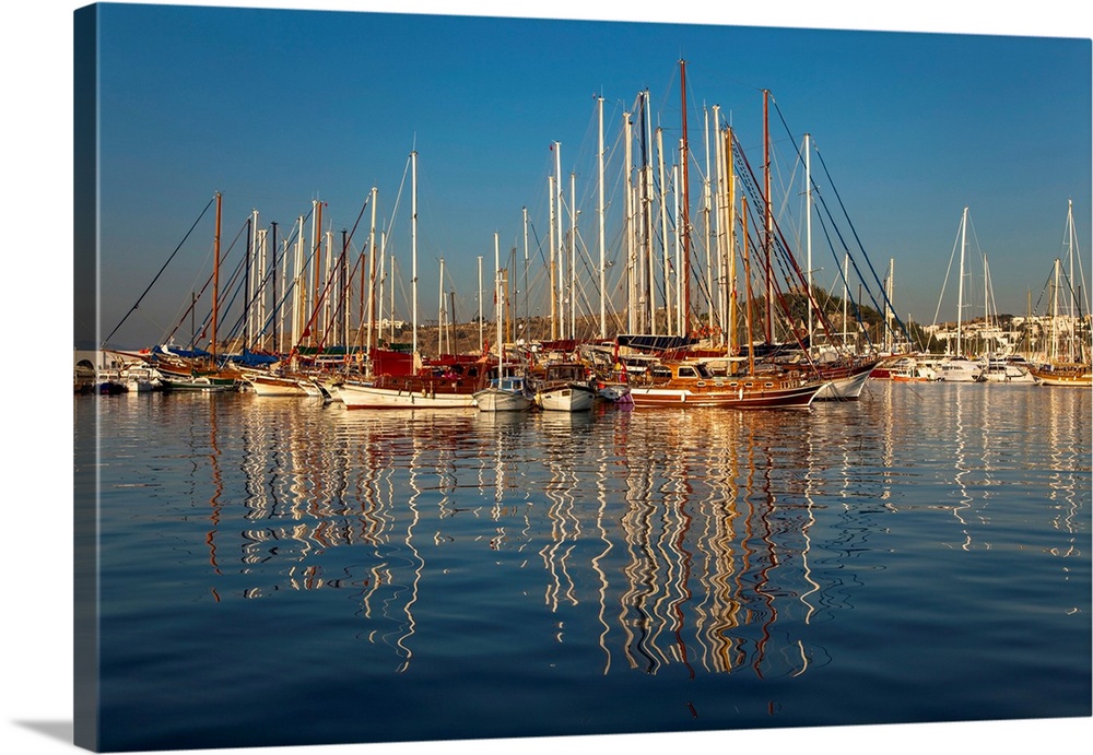 An early morning view of boats in the harbour, at Bodrum, Turkey., The harbour at Bodrum, on the coast of the Aegean Sea, ...