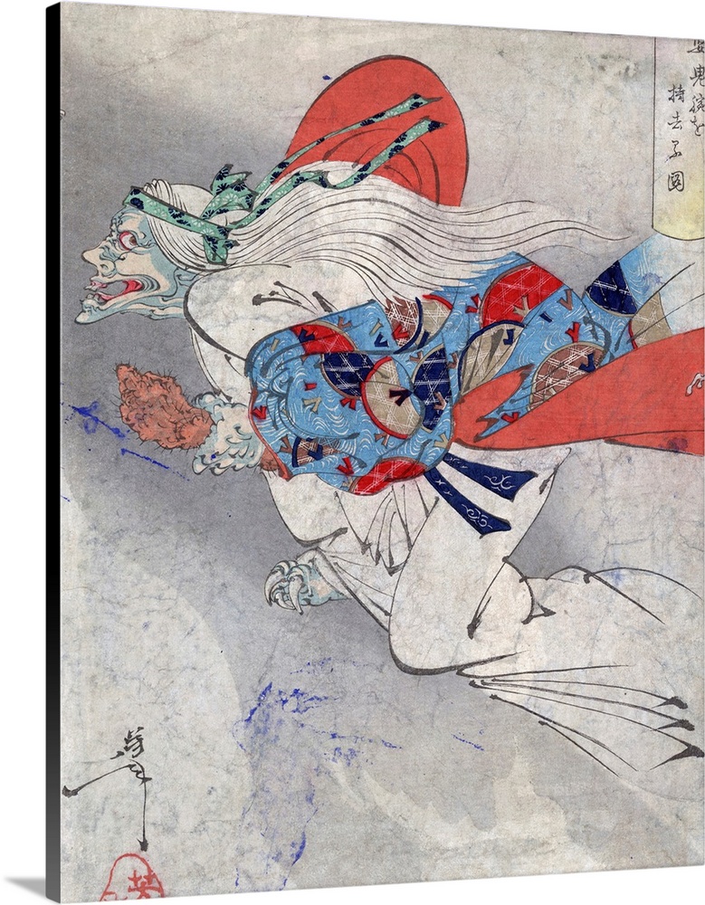 Colour woodcut of Ibaraki. Woodcut shows an elderly woman or demon, possibly Ibaraki of Rashomon, flying through the air. ...