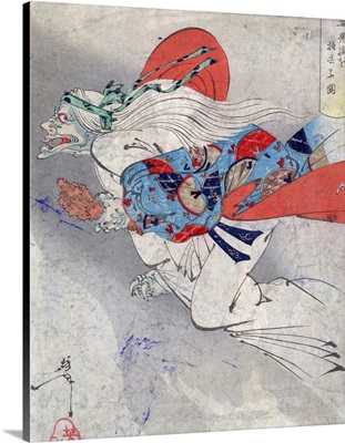An Elderly Woman Or Demon Flying Through The Air, By Yoshitoshi Taiso, Dated 1886