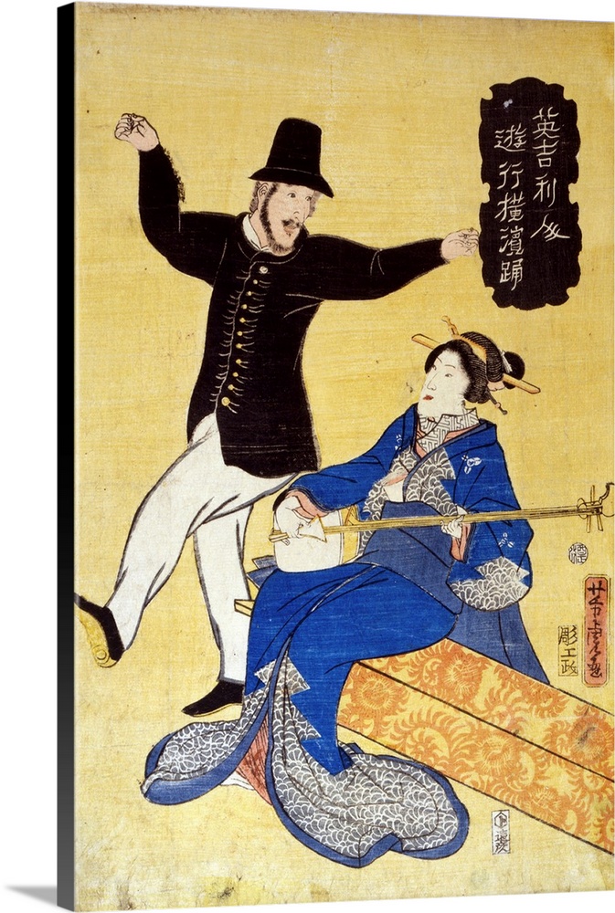 Print on hosho paper, woodcut, colour shows an Englishman dancing in Yokohama. Artist Yoshitora Utagawa. Japanese print sh...