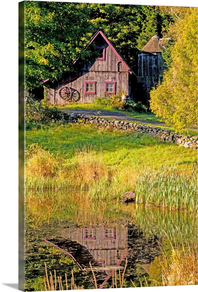 An Old Barn Reflected In Pond; Ville De Lac Brome, Quebec, Canada