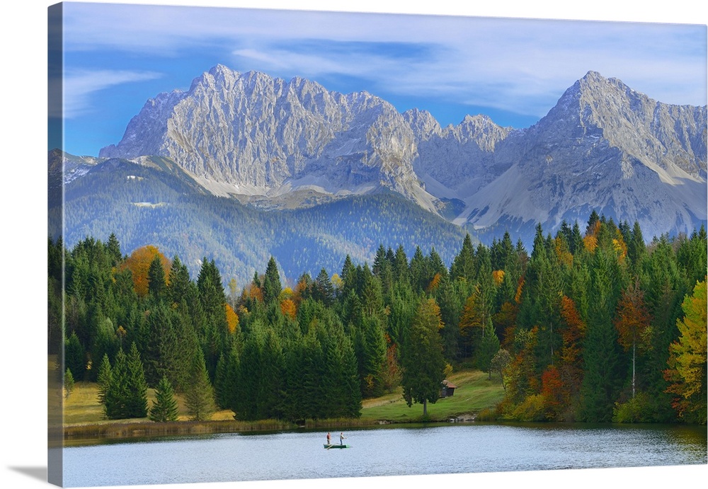 Anglers, Lake Geroldsee with Karwendel Mountain Range, near Garmisch-Partenkirchen, Werdenfelser Land, Upper Bavaria, Germany