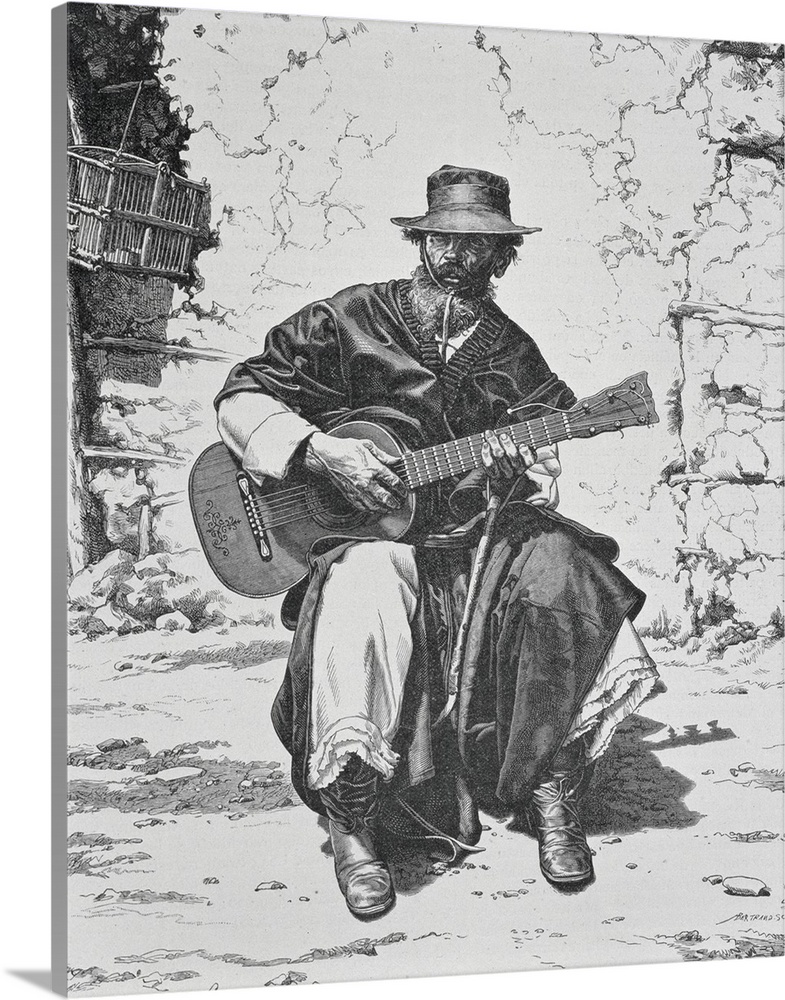 Argentina Gaucho Playing The Guitar Mid 19th Century Engraving.