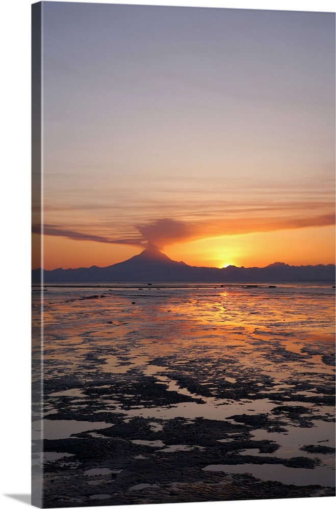 Ash Cloud Rises From Mt. Redoubt At Sunset During Low Tide Near Ninilchik, Alaska