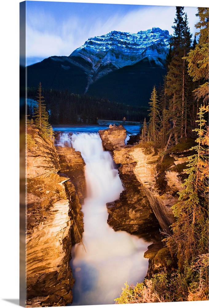 Athabasca Falls And Mount Kerkeslin At Dusk, Alberta, Canada