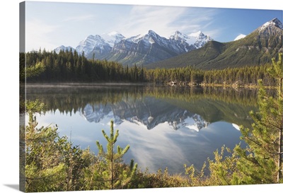 Banff National Park, Alberta, Canada, Mountains Reflected In A Lake In Late Summer