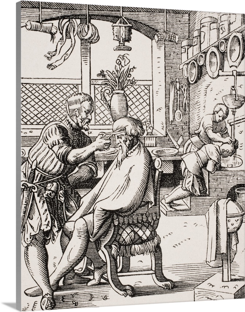 Barber. 19th Century Reproduction Of 16th Century Woodcut By Jost Amman.