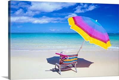 Beach Chair And Umbrella With Snorkel Gear, Turquoise Ocean And Blue Skies