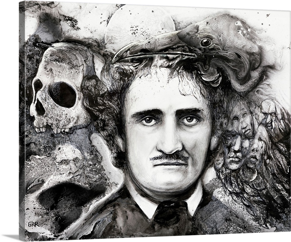 Black And White Illustration Of A Man Surrounded By Other Heads And A Skull.