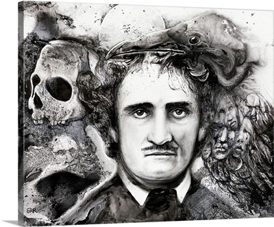 Black And White Illustration Of A Man Surrounded By Other Heads And A Skull
