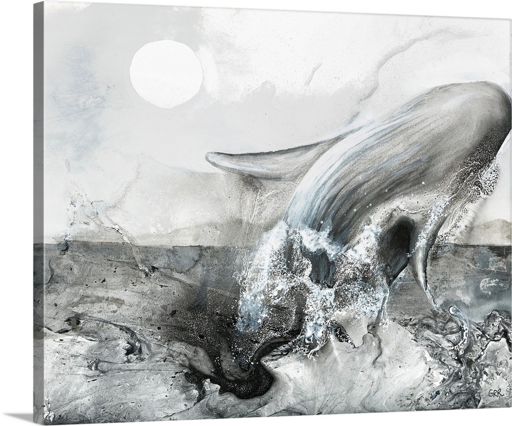 Black and white illustration of a whale leaping from the surface of the water.