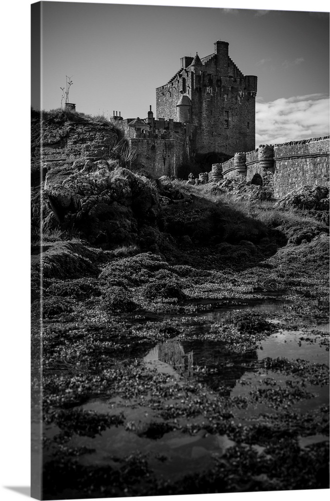 Black and white image of a castle, isle of Skye, Scotland.
