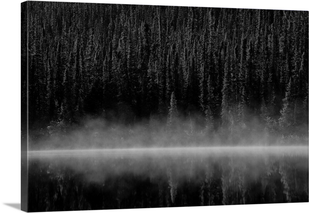 Moody image in black and white image of fog on a small lake outside of Whitehorse, Yukon. Yukon, Canada.