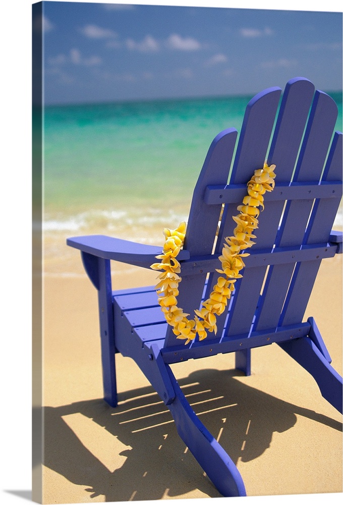 Blue Beach Chair With Plumeria Lei Hanging On Side Wall Art, Canvas ...