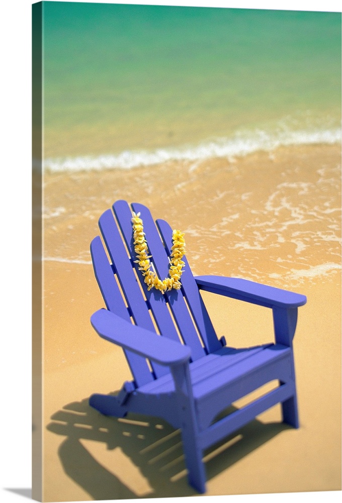 Blue Beach Chair With Plumeria Lei Hanging On Side Wall Art, Canvas ...