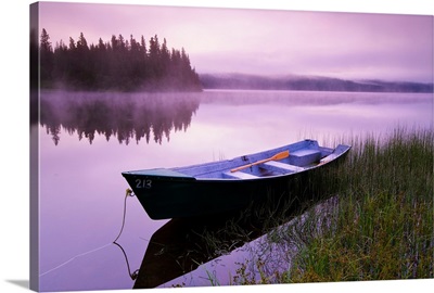 Boat In Mist At Dawn, Rimouski Lake, Quebec, Canada