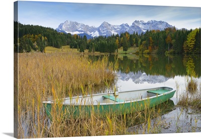Boat On Lake Geroldsee With Karwendel Mountains, Bavaria, Germany