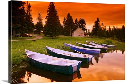 Boats And Cottage At Dusk, Rimouski Lake, Quebec, Canada