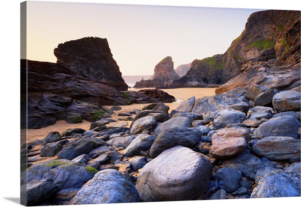 Boulders and Sea Stacks at Low Tide, Bedruthan Steps, Cornwall, England