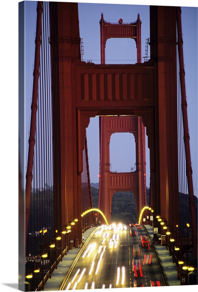 California, San Francisco, Golden Gate Bridge, Blurred Traffic Lights At Evening